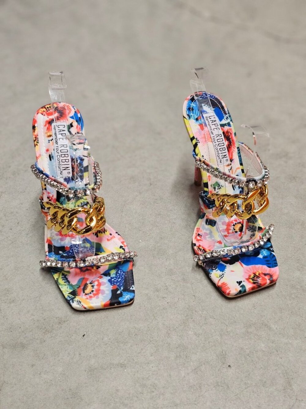 Floral Open-Toe High Heels With Rhinestone & Gold Chain Straps Multicolor Womens - Picture 12 of 14